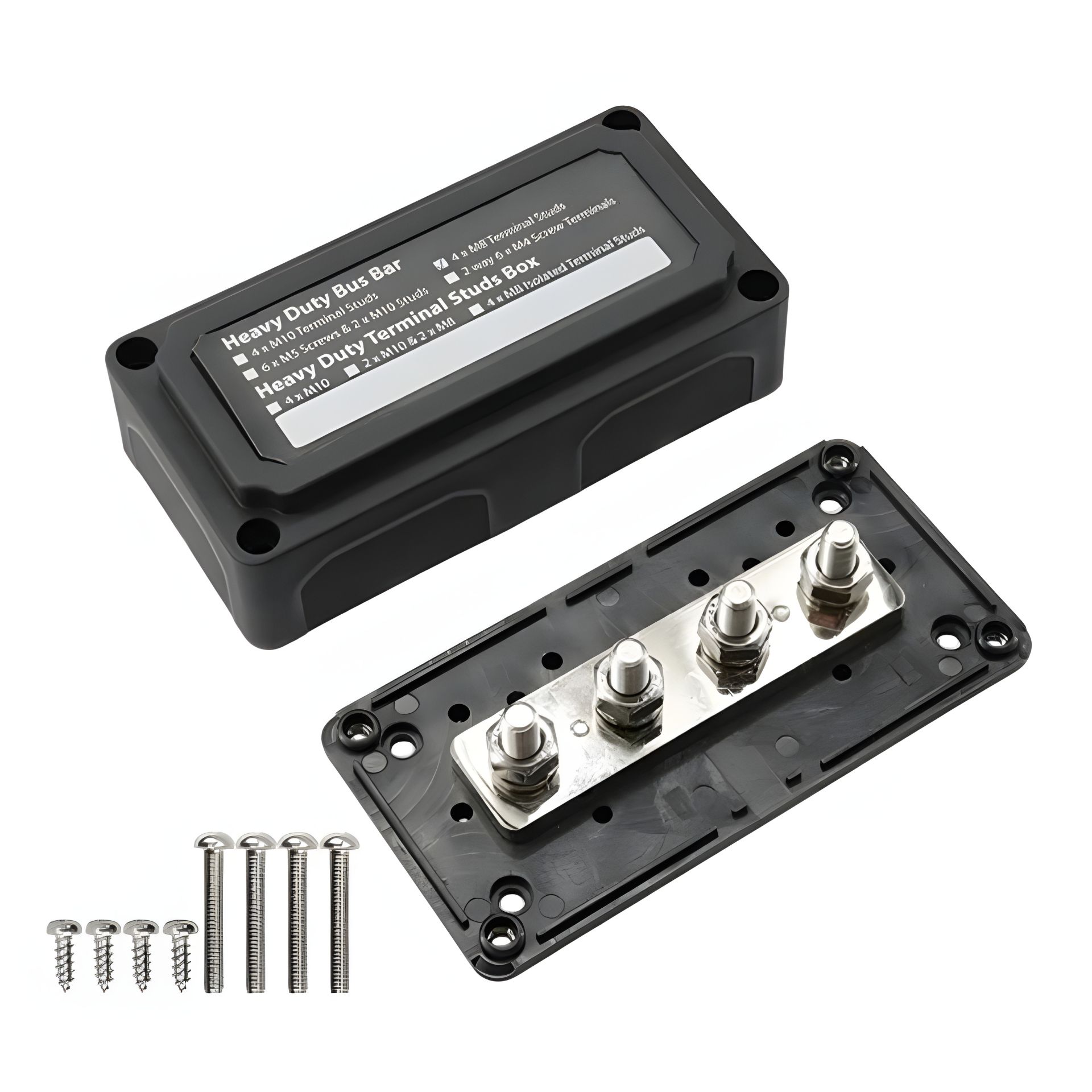 Розподільчий блок з шиною Heavy Duty Bus Bar з 4-ма шпильками М8 для з'єднання кабелів 48V DC, до 300A (чорний) - промисловий Розподільчий блок з шиною Heavy Duty Bus Bar з 4-ма шпильками М8 для з'єднання кабелів 48V DC, до 300A (чорний) - промисловий