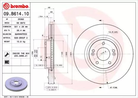 Диск тормозной KIA SORENTO, HYUNDAI GRAND, BREMBO (09B61410)