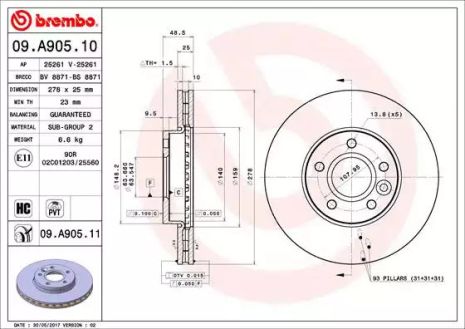 Диск тормозной FORD AUSTRALIA, VOLVO V40, BREMBO (09A90510)