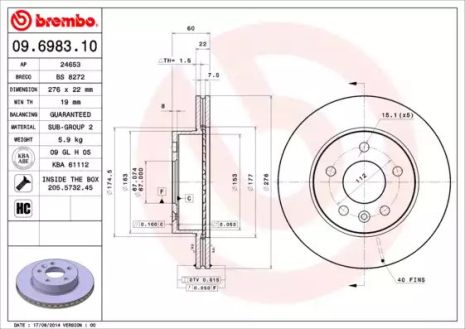 Диск тормозной MERCEDES-BENZ V-CLASS, BREMBO (09698310)