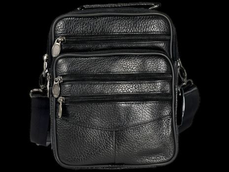 Чорна шкіряна сумка через плече, натур. шкіра, 3 л, 5 відділень
