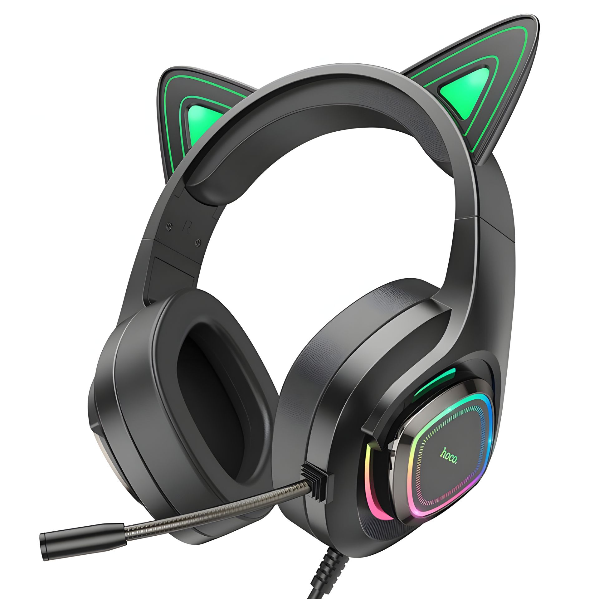 Игровые наушники Hoco W107 Cute cat luminous CAT EAR GAMING headphones Эльф Кот Черно-Зелёный Игровые наушники Hoco W107 Cute cat luminous CAT EAR GAMING headphones Эльф Кот Черно-Зелёный