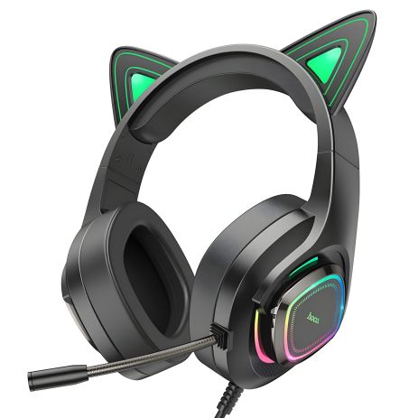 Игровые наушники Hoco W107 Cute cat luminous CAT EAR GAMING headphones Эльф Кот Черно-Зелёный