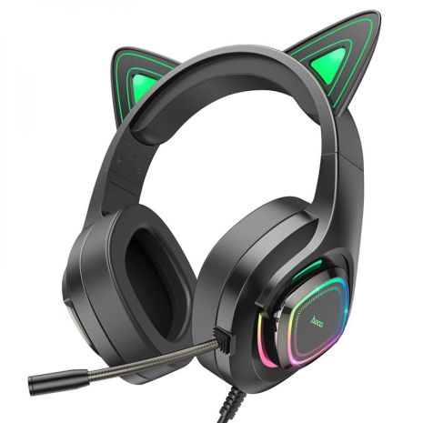 Ігрові дротові навушники Hoco W107 Cute Cat Ear, USB, 3.5mm, 2m, Black-Green Ігрові дротові навушники Hoco W107 Cute Cat Ear, USB, 3.5mm, 2m, Black-Green