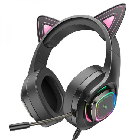 Hoco W107 Cute Cat Ear Ігрові навушники, Чорний-Рожевий, USB, 3.5mm, 2m