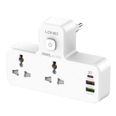 Перехідник мережевий з нічником LDNIO SC2311 2 порти/1PD/1 QC 3.0/1 USB/ 2 контакта/ Led лампа Білий