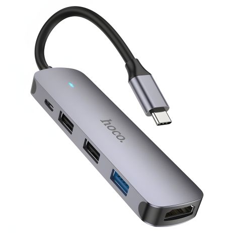 Hoco HB27 USB Hub Type-C multi-converter (HDMI+USB3.0+USB2.0*2+PD), металл серый