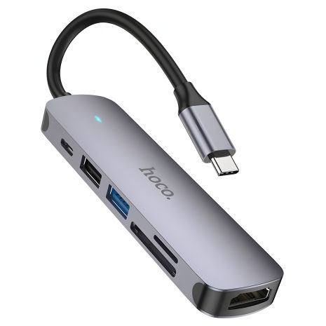 USB Хаб Hoco HB28 Type-C (HDMI+USB3.0+USB2.0+SD+TF+PD) металево-сірий
