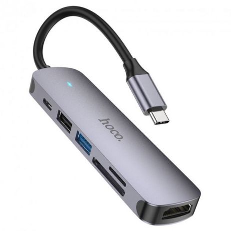 USB Хаб Hoco HB28 Type-C multi-function converter (HDMI+USB3.0+USB2.0+SD+TF+PD) Металево-сірий