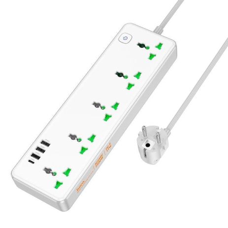 Мережевий зарядний пристрій подовжувач Hoco AC13A 3 USB/ Type-C 5 розеток 1m white