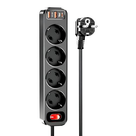 Мережевий подовжувач HOCO NS1 Aura 4-bit extension cable socket fast charge 2USB/1Type-C, 4Sockets, 4000W, 20W/3A, PD/QC, 1.8m| black Мережевий подовжувач HOCO NS1 Aura 4-bit extension cable socket fast charge 2USB/1Type-C, 4Sockets, 4000W, 20W/3A, PD/QC, 1.8m| black
