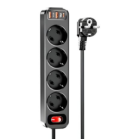 Удлинитель HOCO NS1 Aura с 4 розетками, 2 USB/1 Type-C, 4000W, 20W/3A, PD/QC, 1.8m, черный