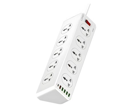 Мережевий зарядний пристрій Ldnio SC10610EU, 5 USB/Type-C QC PD, 10 розеток