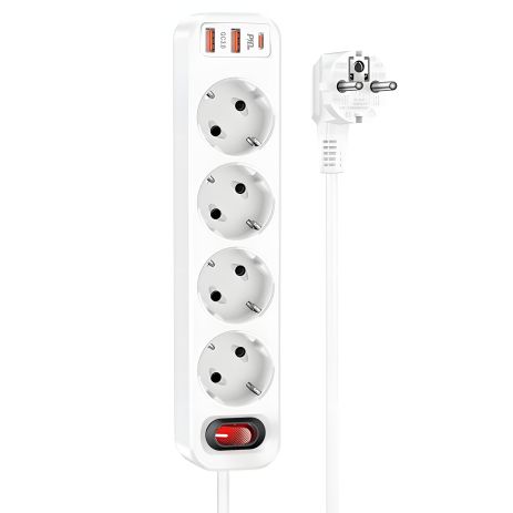 Сетевой удлинитель Hoco NS1 с 2USB/1Type-C, 4000W, 20W/3A, 4 розетки, PD/QC, белый, 1.8m