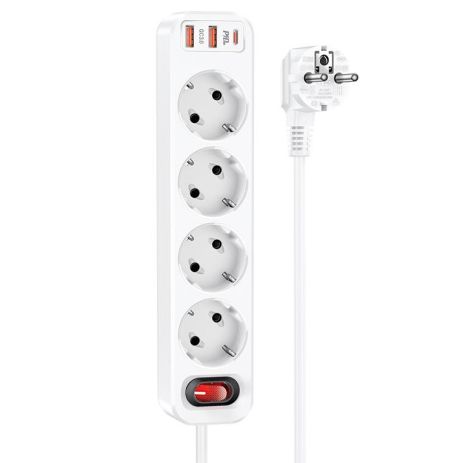 Подовжувач мережі Hoco NS1 | 2USB/1Type-C, 4Sockets, 4000W, 20W/3A, PD/QC, 1.8m|