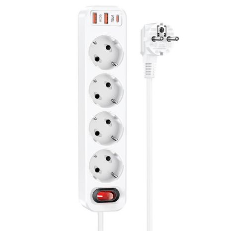 Мережевий зарядний пристрій подовжувач Hoco NS1 2 USB/ Type-C QC PD 4 розетки біле Мережевий зарядний пристрій подовжувач Hoco NS1 2 USB/ Type-C QC PD 4 розетки біле