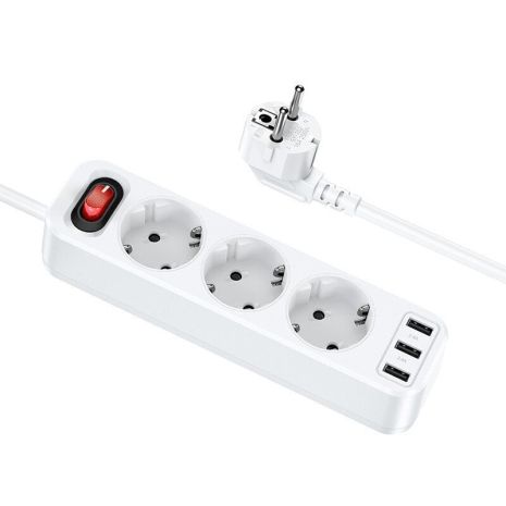 Мережевий зарядний пристрій подовжувач Hoco NS2 3 USB 3 розетки біле