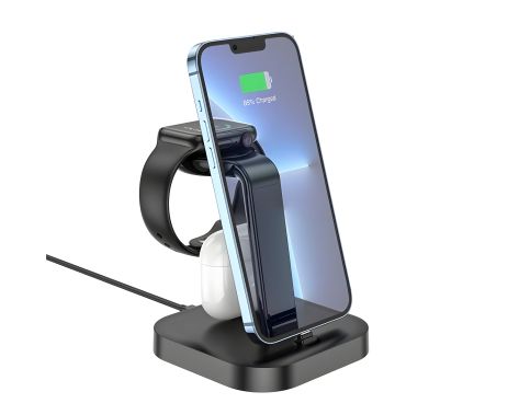 Зарядка беспроводная Graceful на 3 устройства Hoco CW43 10W (MagSafe/AppleWatch) черная