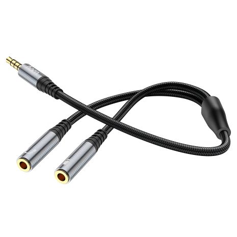 Переходник адаптер Hoco UPA21 / штекер 3.5 (4pin звук+микрофон) на разъемы 2*3.5 (3pin звук + 3pin микрофон) Серый