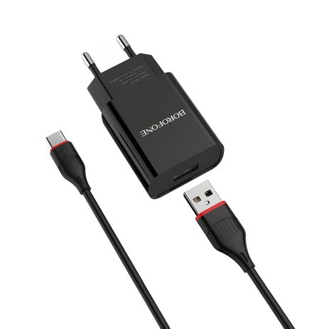 Блок живлення Borofone BA20A, кабель USB to Type-C, 1USB, 2.1A, Black