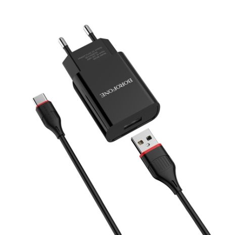 Мережевий зарядний пристрій Borofone BA20A, кабель USB to Type-C, 1USB, 2.1A, Black Мережевий зарядний пристрій Borofone BA20A, кабель USB to Type-C, 1USB, 2.1A, Black