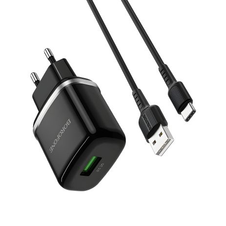 Мережевий зарядний пристрій Borofone BA36A, кабель USB to Type-C, QC3.0, Black Мережевий зарядний пристрій Borofone BA36A, кабель USB to Type-C, QC3.0, Black
