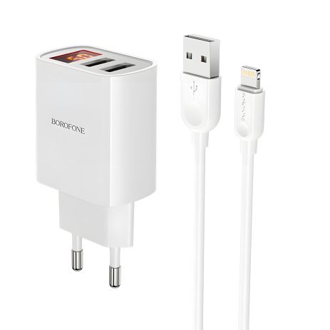 Зарядний пристрій Borofone BA58A Digital Display Lightning 2USB 2.4A White
