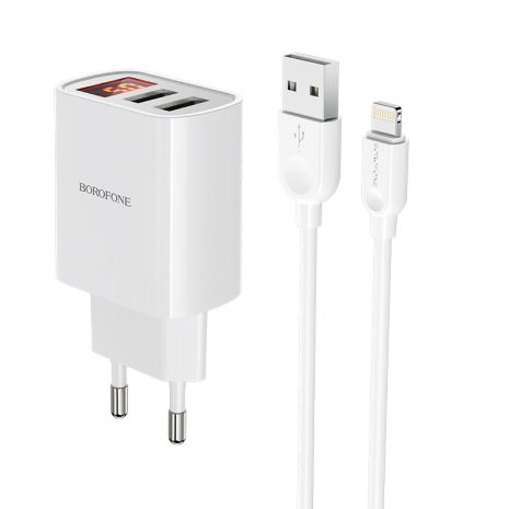 Зарядное устройство Borofone BA58A Digital Display Lightning 2USB 2.4A White