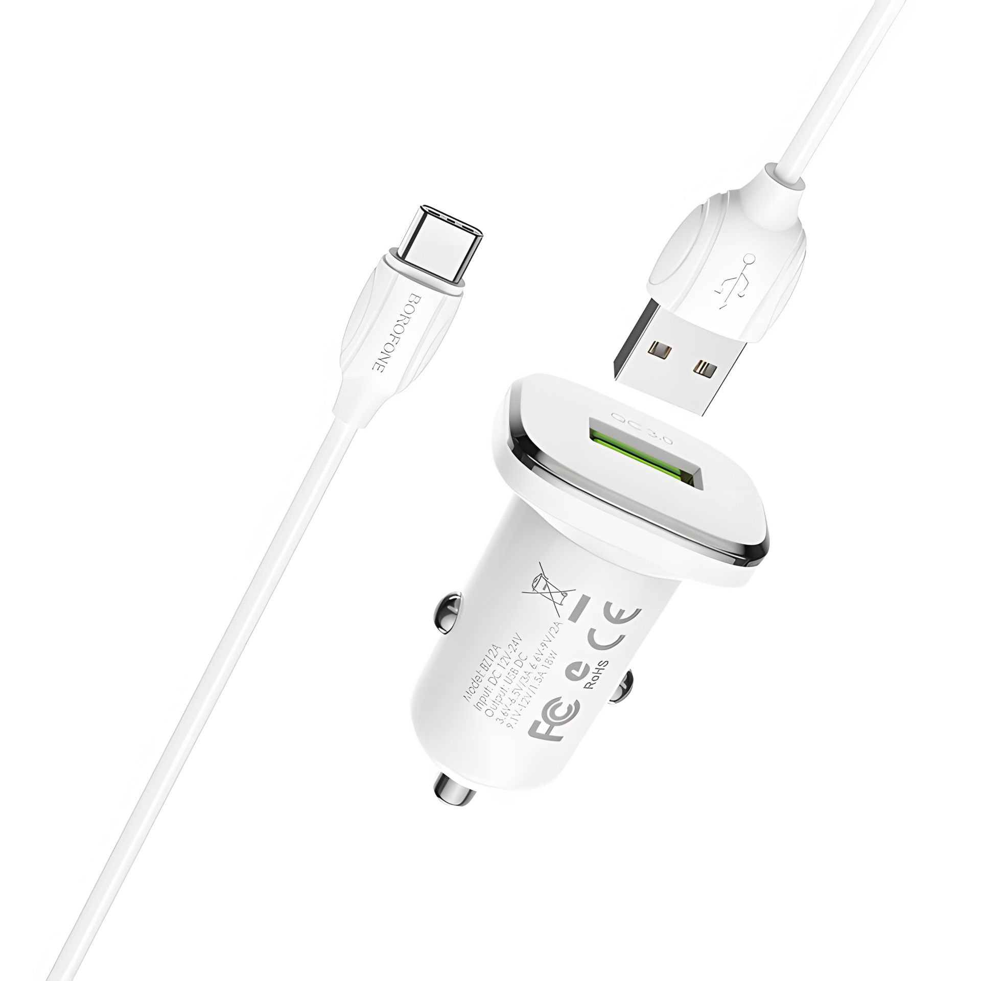 Автомобильное ЗУ Borofone BZ12A QC 3.0 18W + Кабель USB to Type-C White Автомобильное ЗУ Borofone BZ12A QC 3.0 18W + Кабель USB to Type-C White
