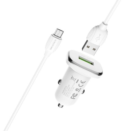 Автомобільне ЗУ Borofone BZ12A QC 3.0 18W + Кабель USB to Micro White