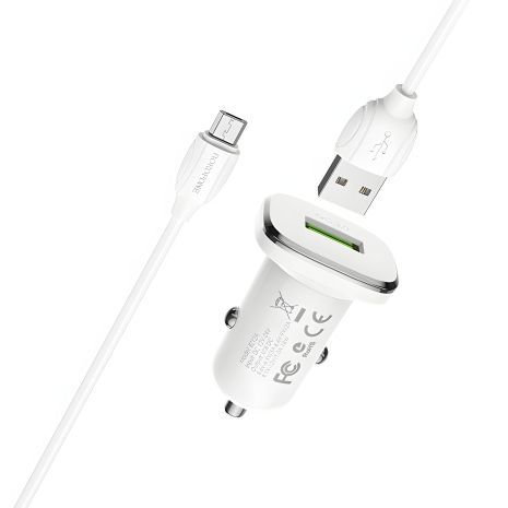 Автомобильное ЗУ Borofone BZ12A QC 3.0 18W + Кабель USB to Micro White