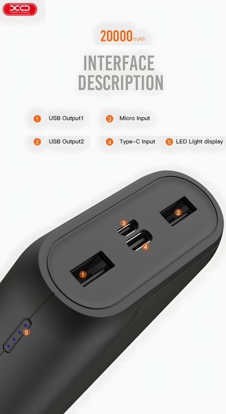 Повербанк XO PR122 (20000 mAh / Out: 2USB 5V/2A / In: micro-USB 5V/2A ) с LED индикатором, Чёрный Повербанк XO PR122 (20000 mAh / Out: 2USB 5V/2A / In: micro-USB 5V/2A ) с LED индикатором, Чёрный