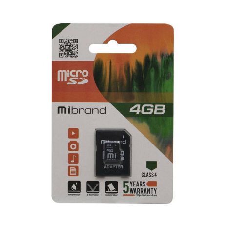 Карта Пам&#39;яті Mibrand MicroSDHC 4gb 4 Class &amp; Adapter Чорний