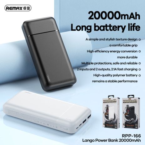 Повербанк Remax RPP-166 Lango (20000 mAh / Out: 2USB 5V/2.1A / In: Type-C, micro-USB 5V/2.1A ) с LED индикатором, Белый