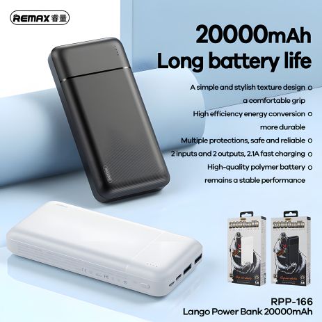 Повербанк Remax RPP-166 Lango (20000 mAh / Out: 2USB 5V/2.1A / In: Type-C, micro-USB 5V/2.1A ) с LED индикатором, Белый Повербанк Remax RPP-166 Lango (20000 mAh / Out: 2USB 5V/2.1A / In: Type-C, micro-USB 5V/2.1A ) с LED индикатором, Белый