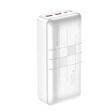 Повербанк XO PR189 (30000mAh/Out: 2USB-A 22.5W QC3.0, Type-C PD 20W/In: micro-USB, Type-C 18W) з LED індикатором, Білий