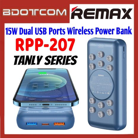 Повербанк Remax RPP-207 Tanyl Wireless Charger (20000 mAh/Out: 2USB 22.5W, Type-C 18W, Qi 15W/In: Type-C, micro-USB 5V/2A) з LED індикатором, Синій