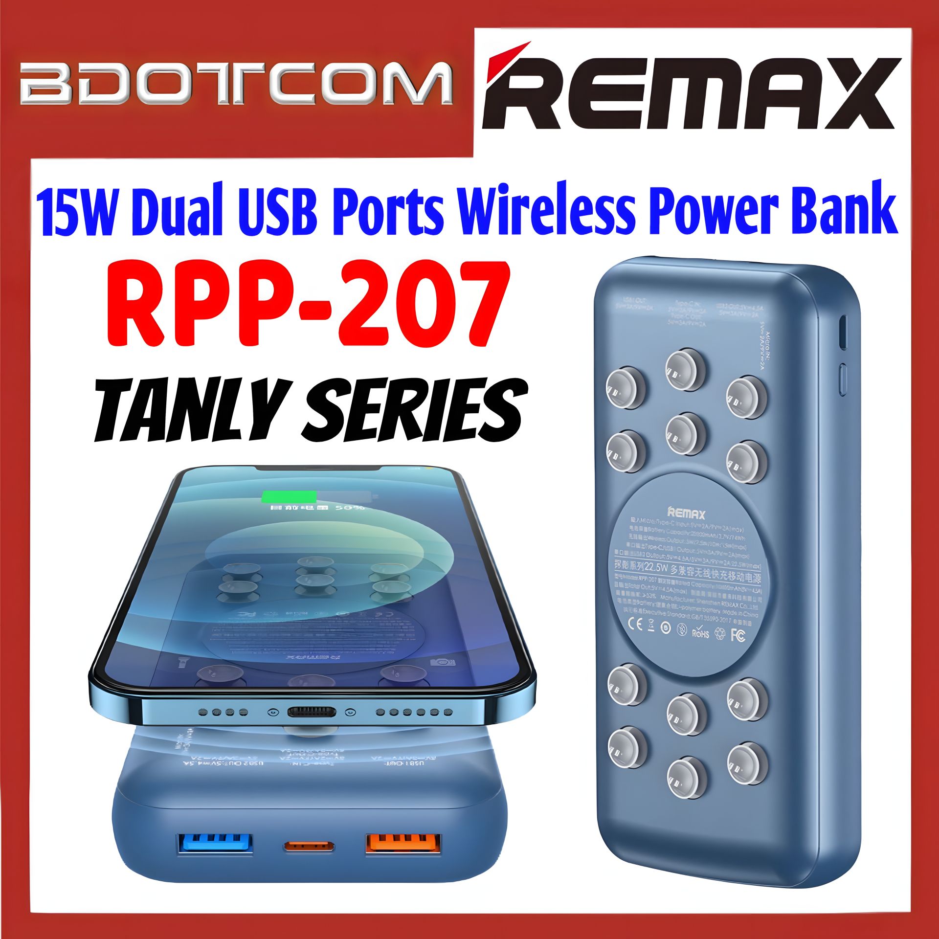 Повербанк Remax RPP-207 Tanyl Wireless Charger (20000 mAh/Out: 2USB 22.5W, Type-C 18W, Qi 15W/In: Type-C, micro-USB 5V/2A) з LED індикатором, Синій Повербанк Remax RPP-207 Tanyl Wireless Charger (20000 mAh/Out: 2USB 22.5W, Type-C 18W, Qi 15W/In: Type-C, micro-USB 5V/2A) з LED індикатором, Синій