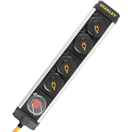 Мережевий фільтр Stanley 2 м, 3x1.5мм2, IP44, 4 розетки з кришками, алюміній Мережевий фільтр Stanley 2 м, 3x1.5мм2, IP44, 4 розетки з кришками, алюміній