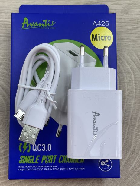 Автомобільний зарядний пристрій Avantis A425 QC3.0 1USB Micro, Білий