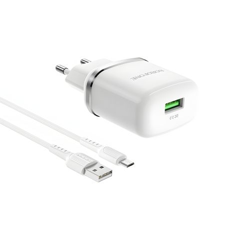 Мережевий зарядний пристрій Borofone BA36A, кабель USB to MicroUSB, QC3.0, White Мережевий зарядний пристрій Borofone BA36A, кабель USB to MicroUSB, QC3.0, White