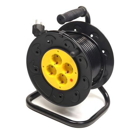 Подовжувач на котушці PowerPlant, 20 м, 3x1.5мм2, 10А, 4 розетки (JY-2002/20), Чорно-жовтий