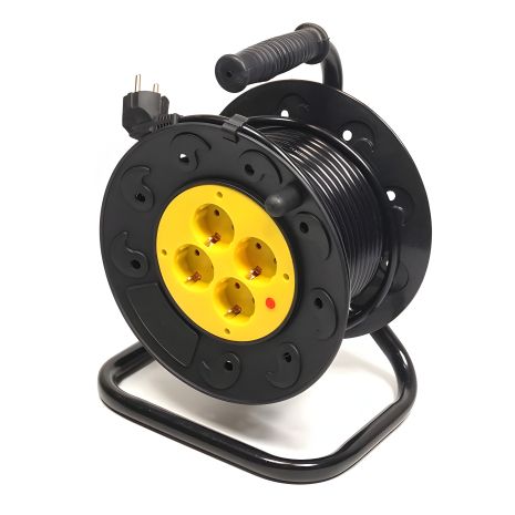 Подовжувач на котушці PowerPlant, 20 м, 3x1.5мм2, 10А, 4 розетки (JY-2002/20), Чорно-жовтий