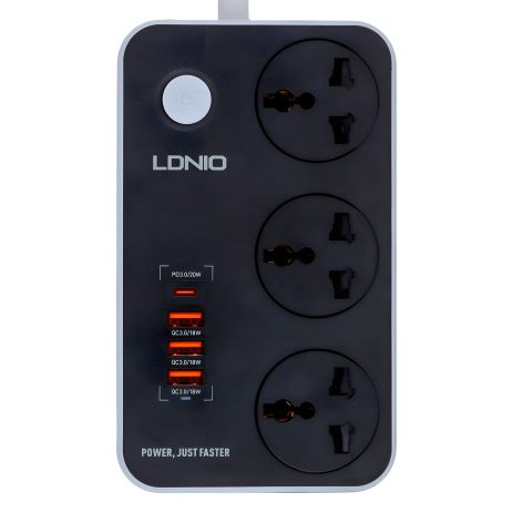 Чорно-Сірий Мережевий Подовжувач LDNIO SC3412, 3 ports/PD/3USB QC 3.0