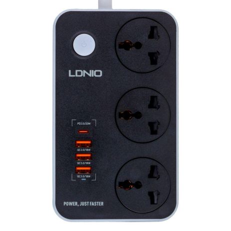 Чорно-Сірий Мережевий Подовжувач LDNIO SC3412, 3 ports/PD/3USB QC 3.0