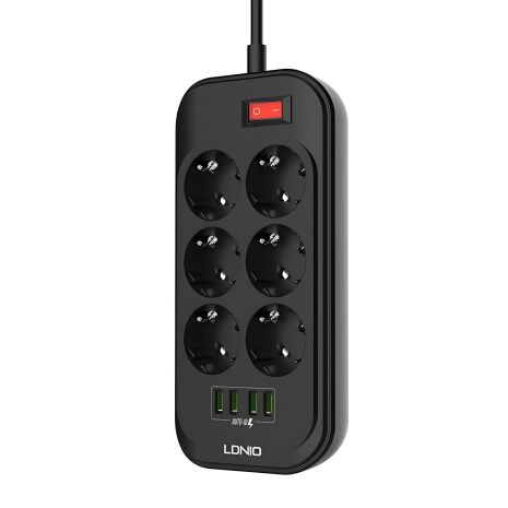 Мережевий подовжувач LDNIO SE6403 | 2500W, 2м з USB, 4 портами, 6 розетками, 3.4A, чорний