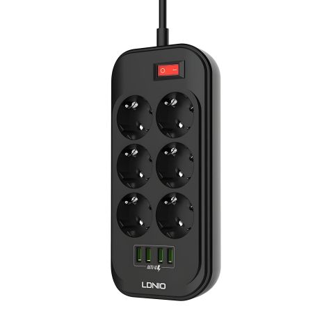 Мережевий подовжувач LDNIO SE6403 | 2500W, 2м з USB, 4 портами, 6 розетками, 3.4A, чорний