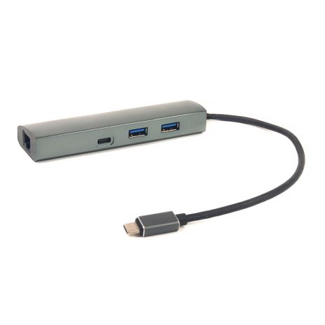 Переходник PowerPlant USB 3.0 2 порта + 1 порт Type-C USB 3.1 + Gigabit Ethernet