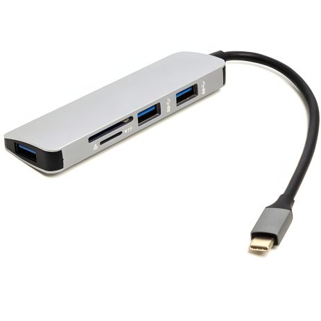 USB Type-C адаптер PowerPlant з 3 USB 3.0 портами + TF/SD
