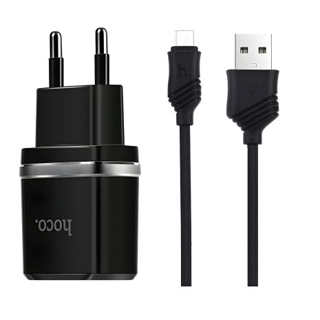 Hoco C12 зарядное устройство 2USB 2.4A + кабель Micro, черное